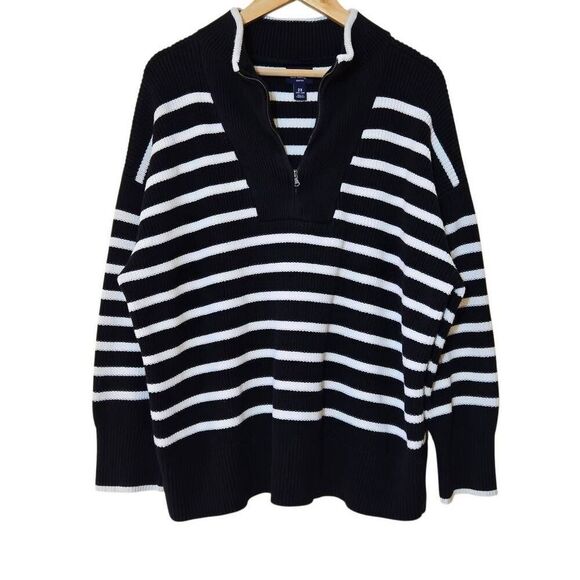 Lands End Drifter Cotton Quarter Zip Pullover Sweater 2X Nautical Coastal Stripe - Picture 2 of 7